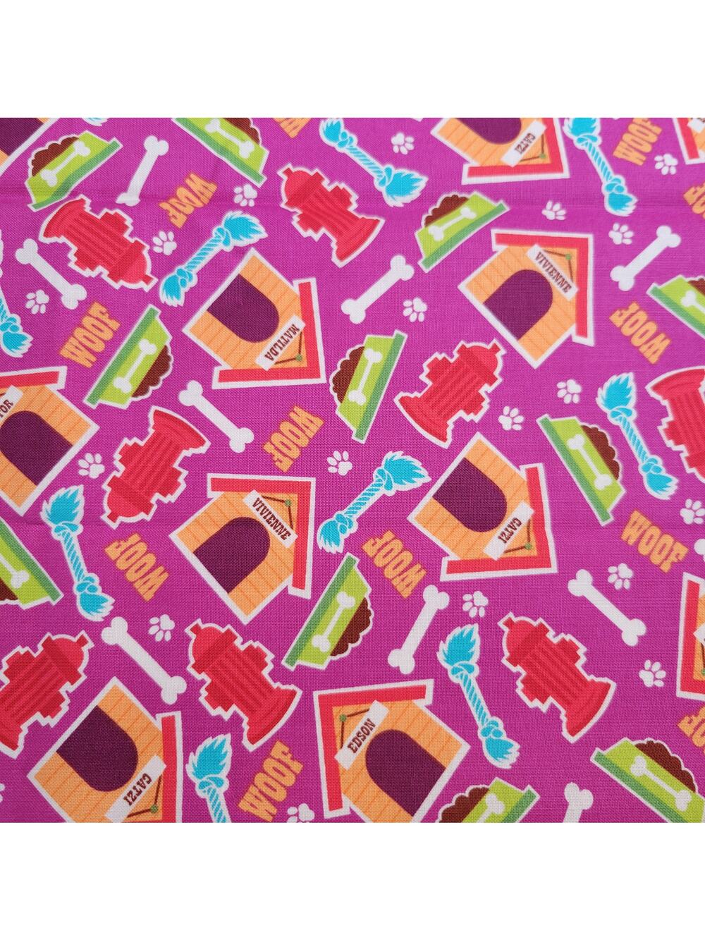 Dog Print Cotton Fabric 1yd x44" Pink Bones Bowls Houses Quilt My Pets M’Liss